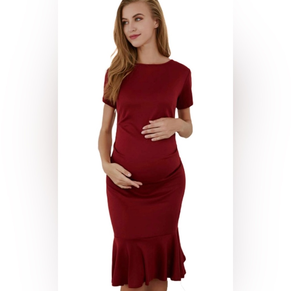 Plain Midi Mermaid Dress Maternity Fitted Dresses for Baby Shower (XL, Wine Red)